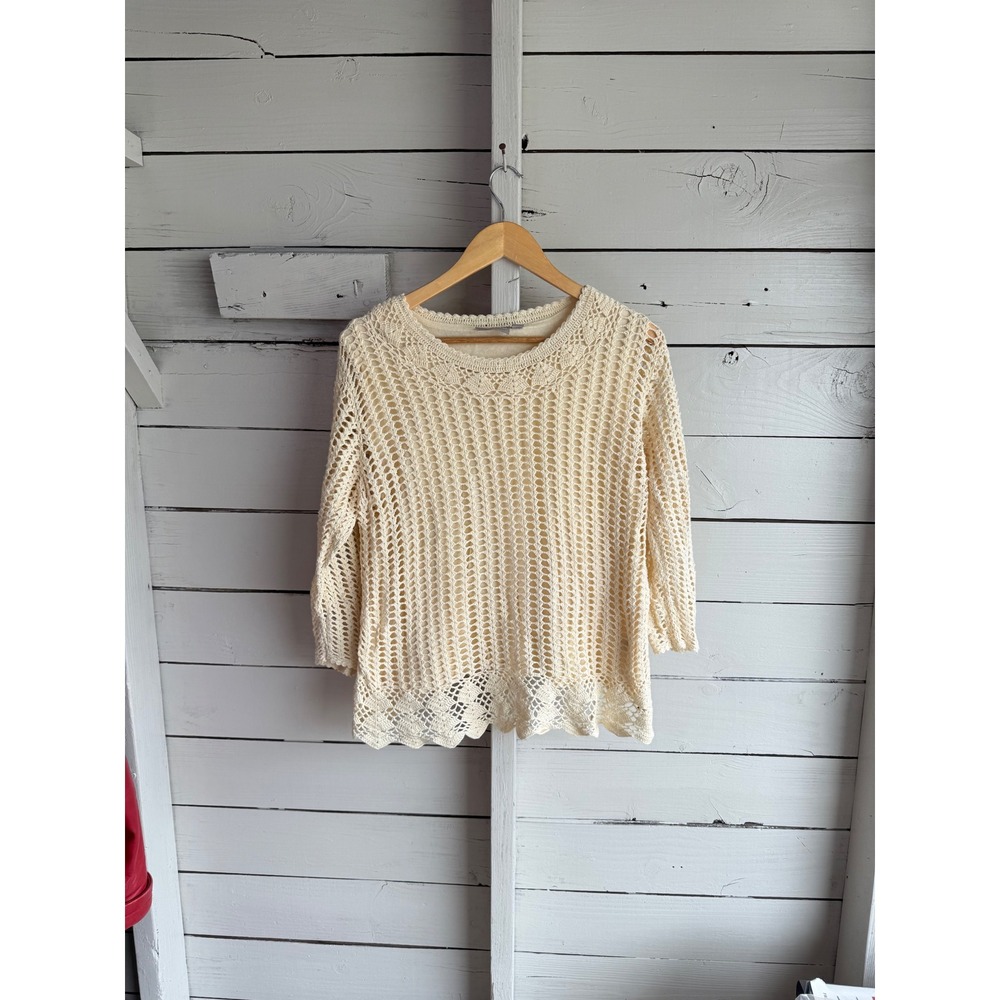 Croft & Barrow Cream Crochet Open Knit Sweater Layered 3/4 Sleeve XL Womens